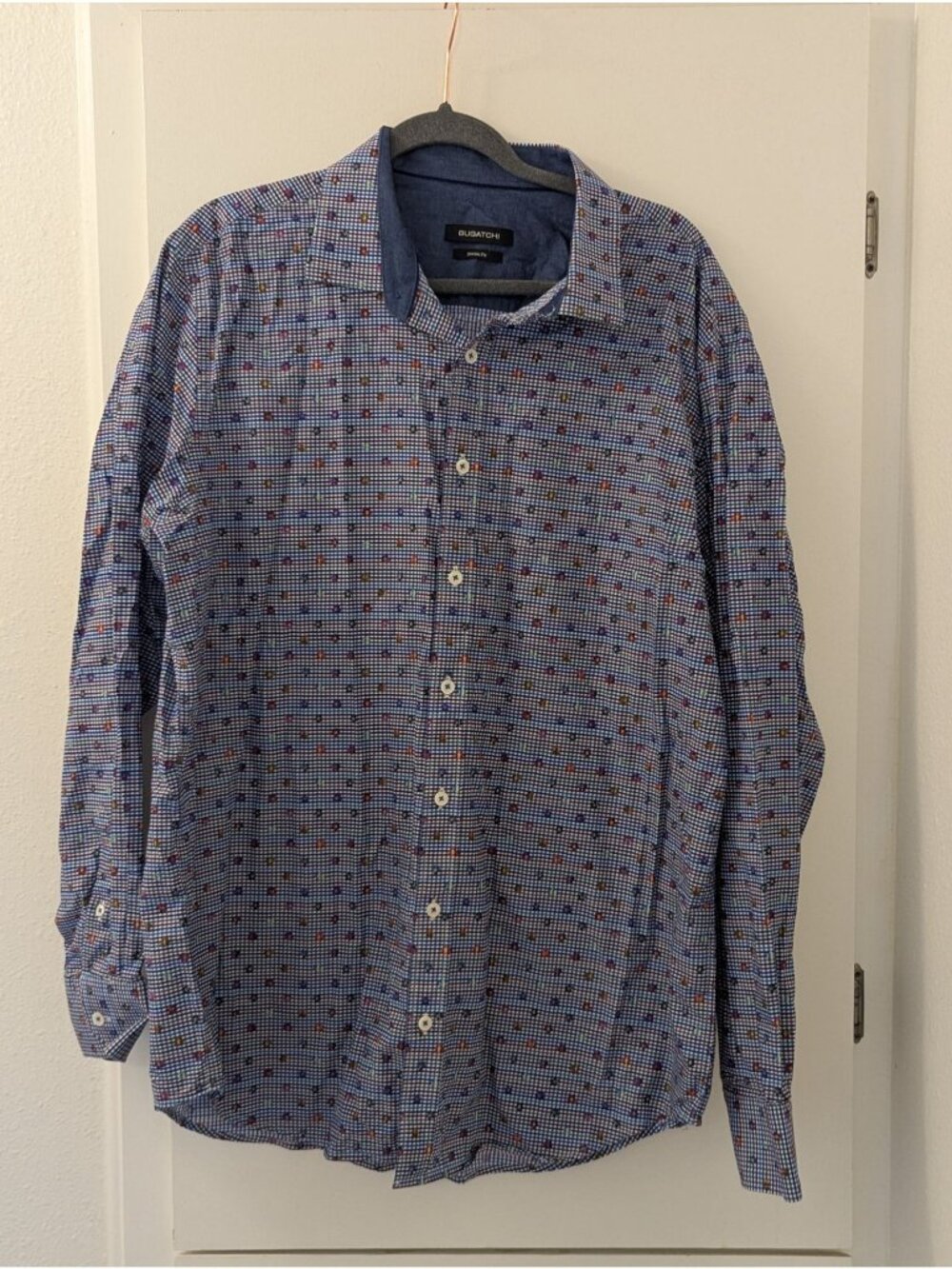 Bugatchi Mens Classic Fit Blue Gingham Shirt With Floral Pattern 100% Cotton Siz
